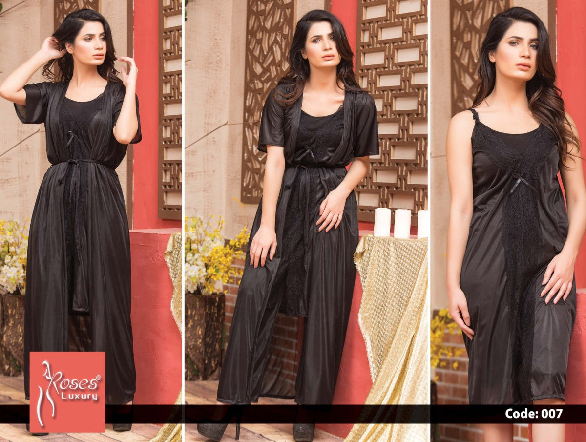 Roses Luxury 3-Piece Satin Nighty Set