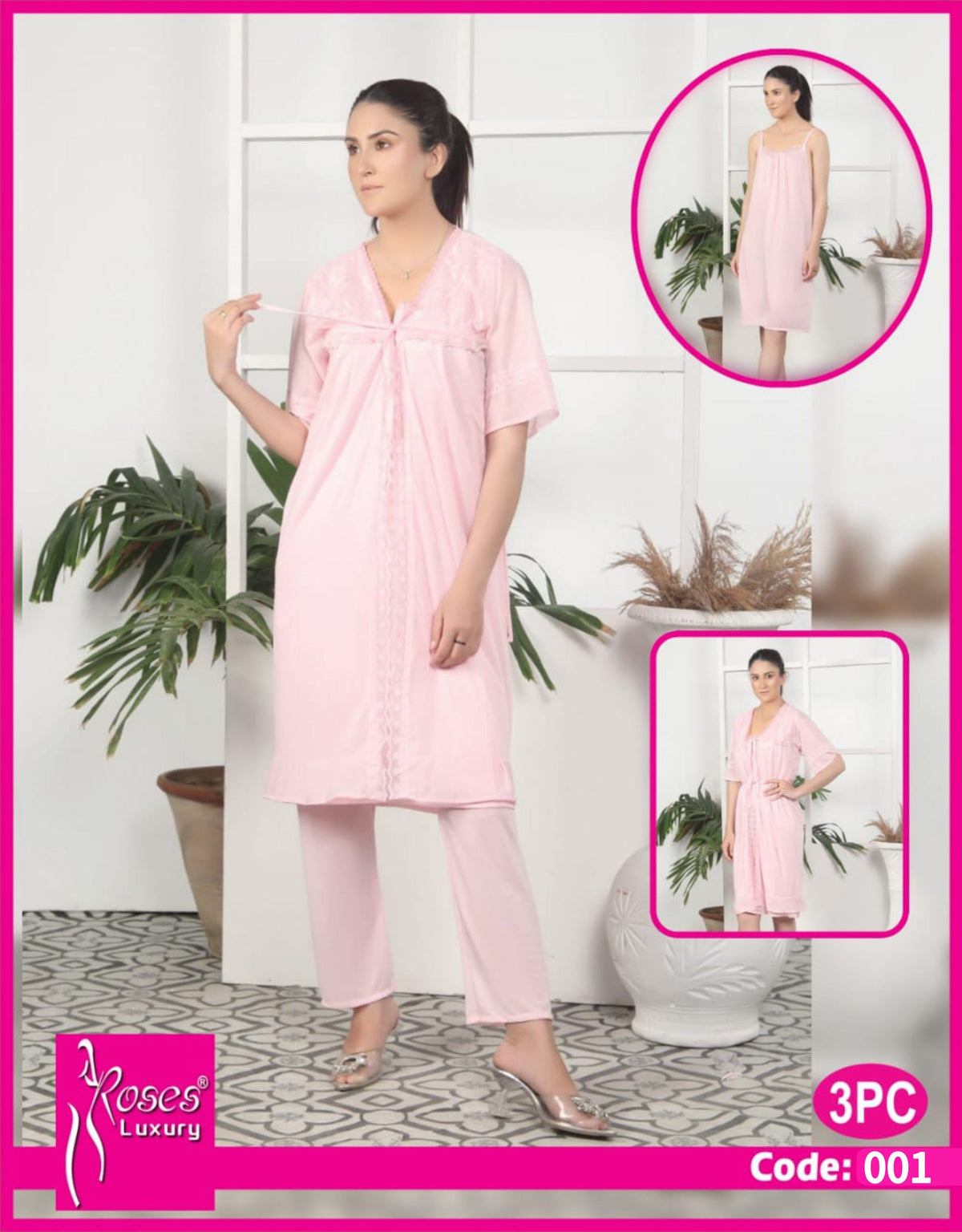 Roses Luxury 3-Piece Satin Nighty Set
