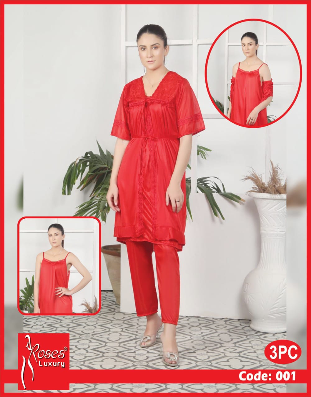 Roses Luxury 3-Piece Satin Nighty Set