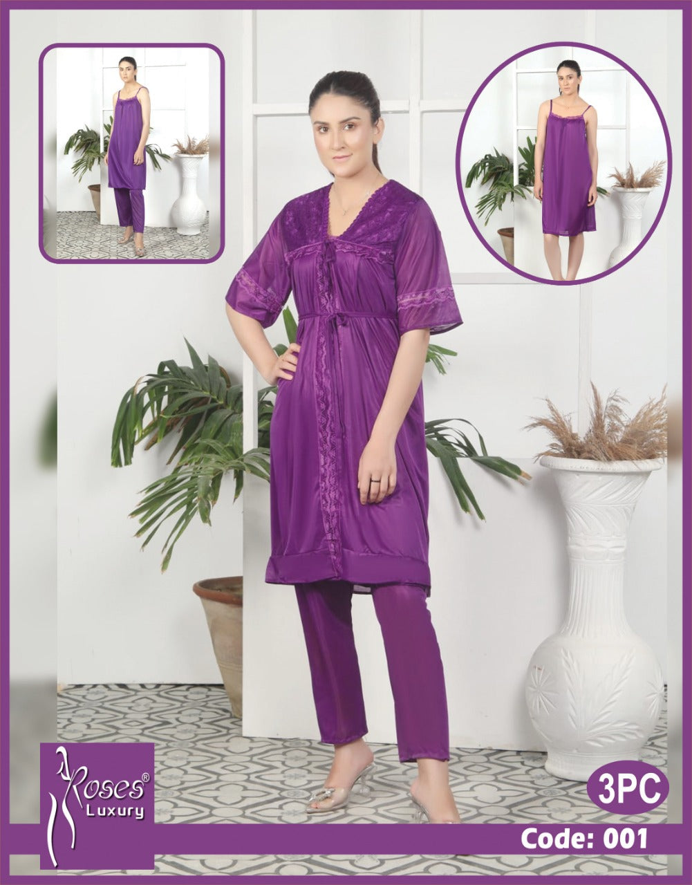 Roses Luxury 3-Piece Satin Nighty Set